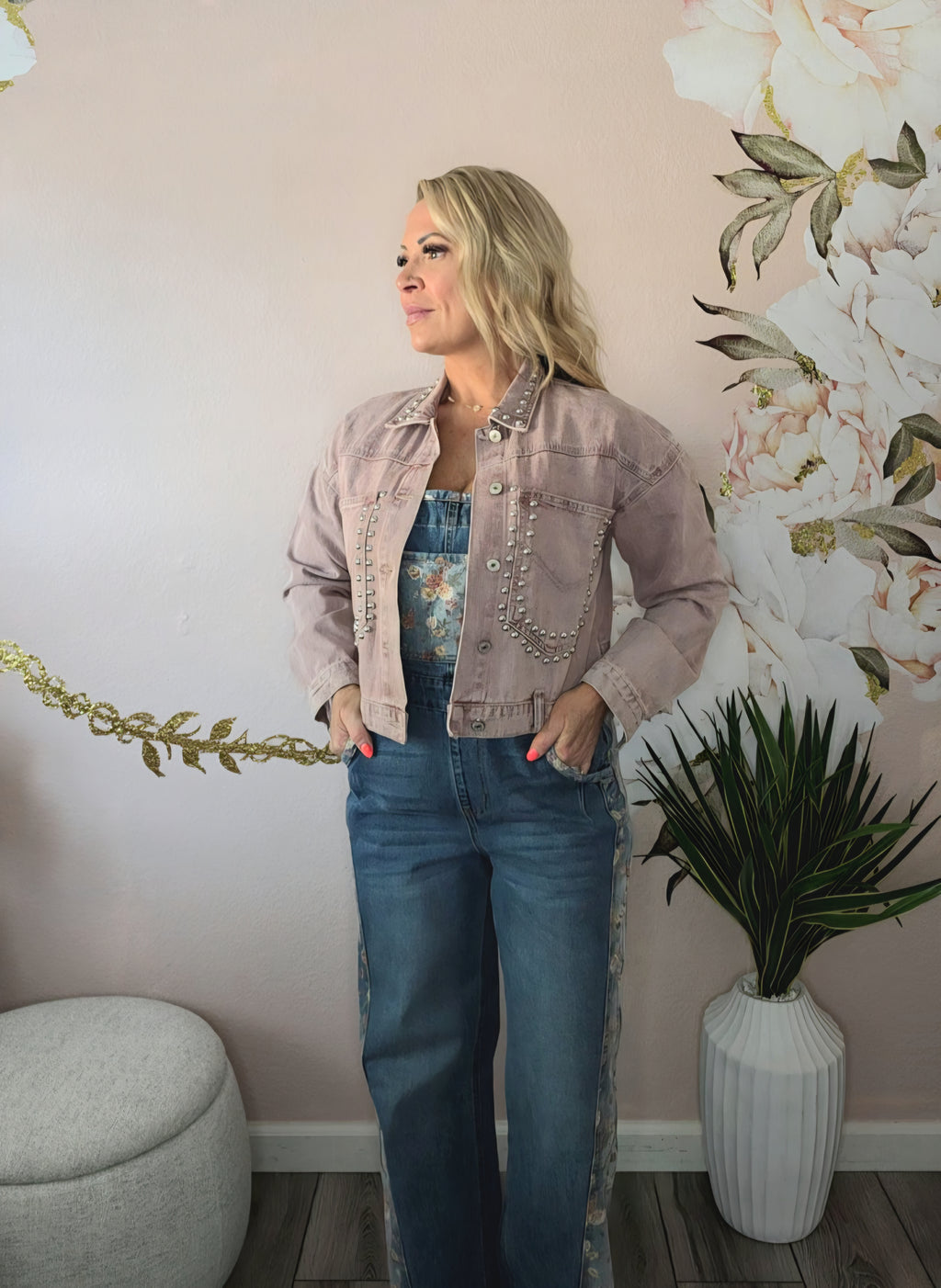 Studded Button Up Wash Denim Jacket