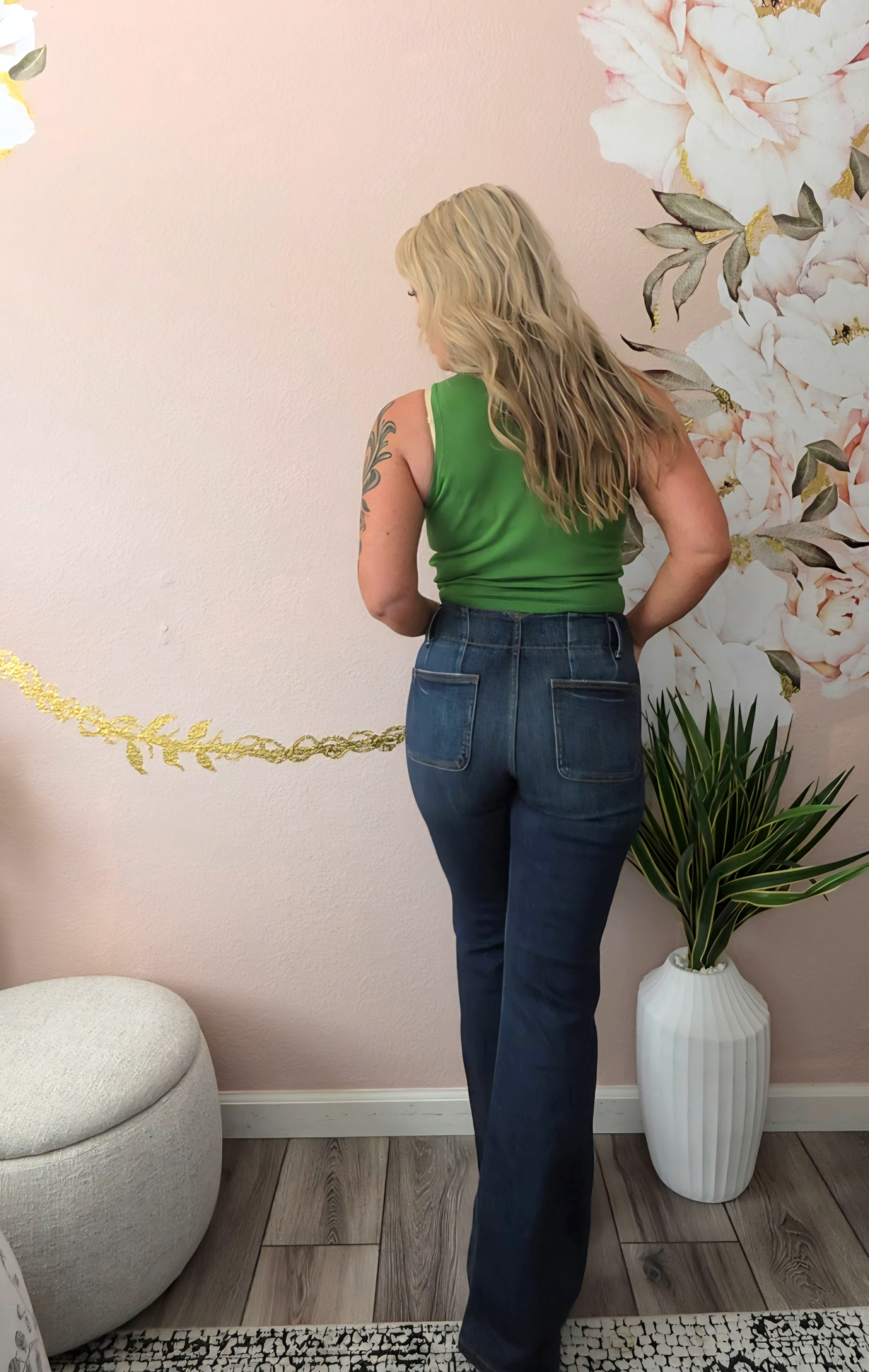 RISEN High Rise Flare Jeans With Seam Detail Waistband