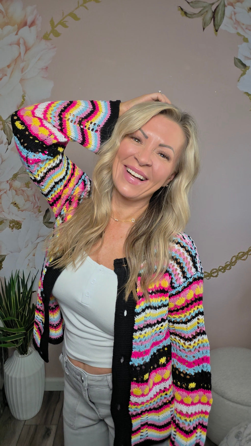 Chevron Stripes Openwork Cardigan