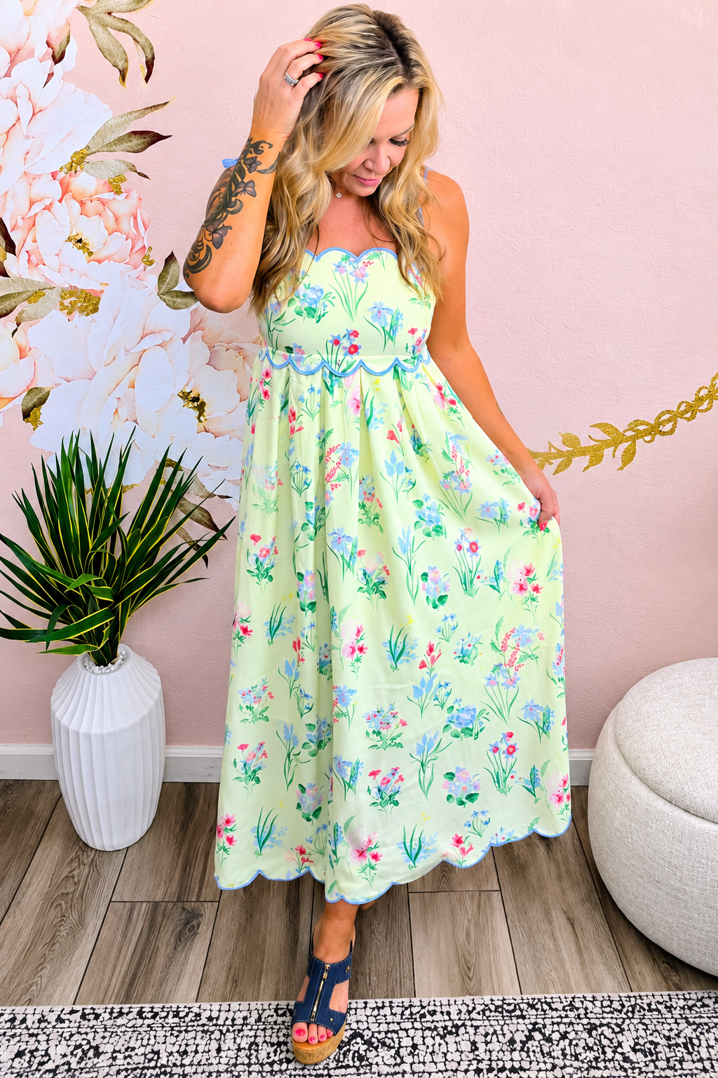 Floral Print Contrast Trim Self-tie Straps High Waist Midi Dress