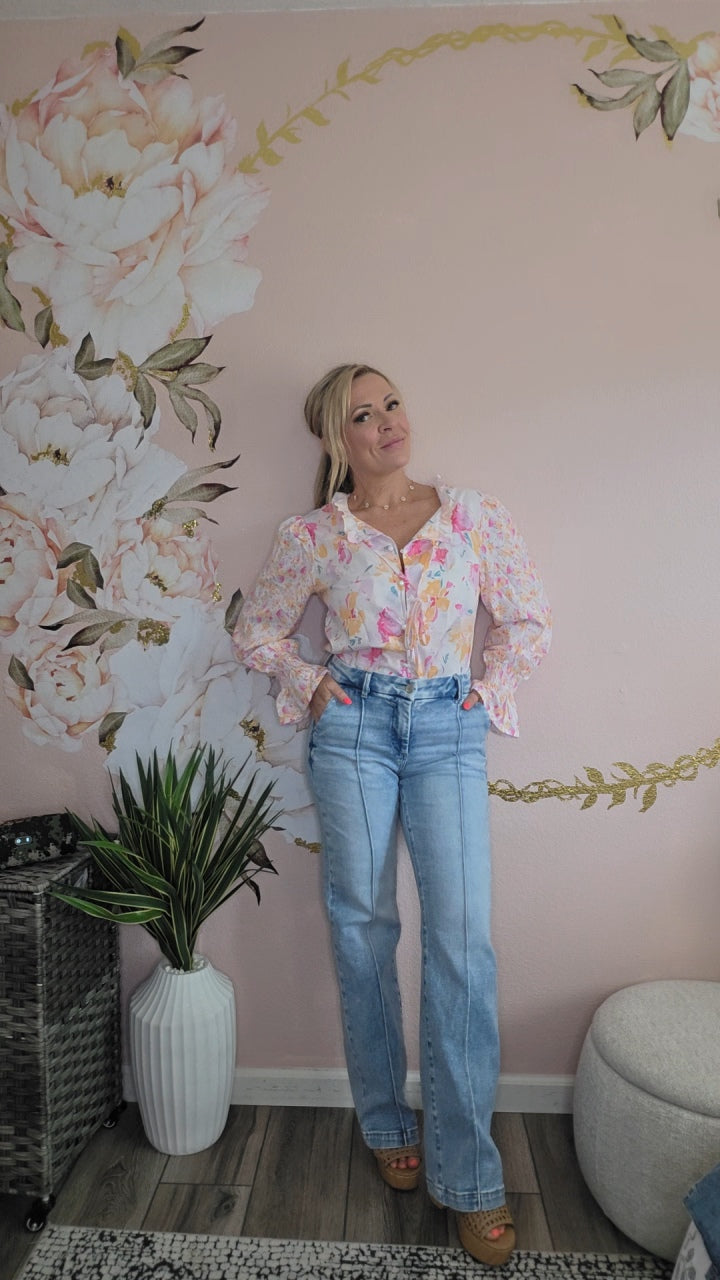 Full Size Floral Print Smocked Cuff Blouse Plus Size