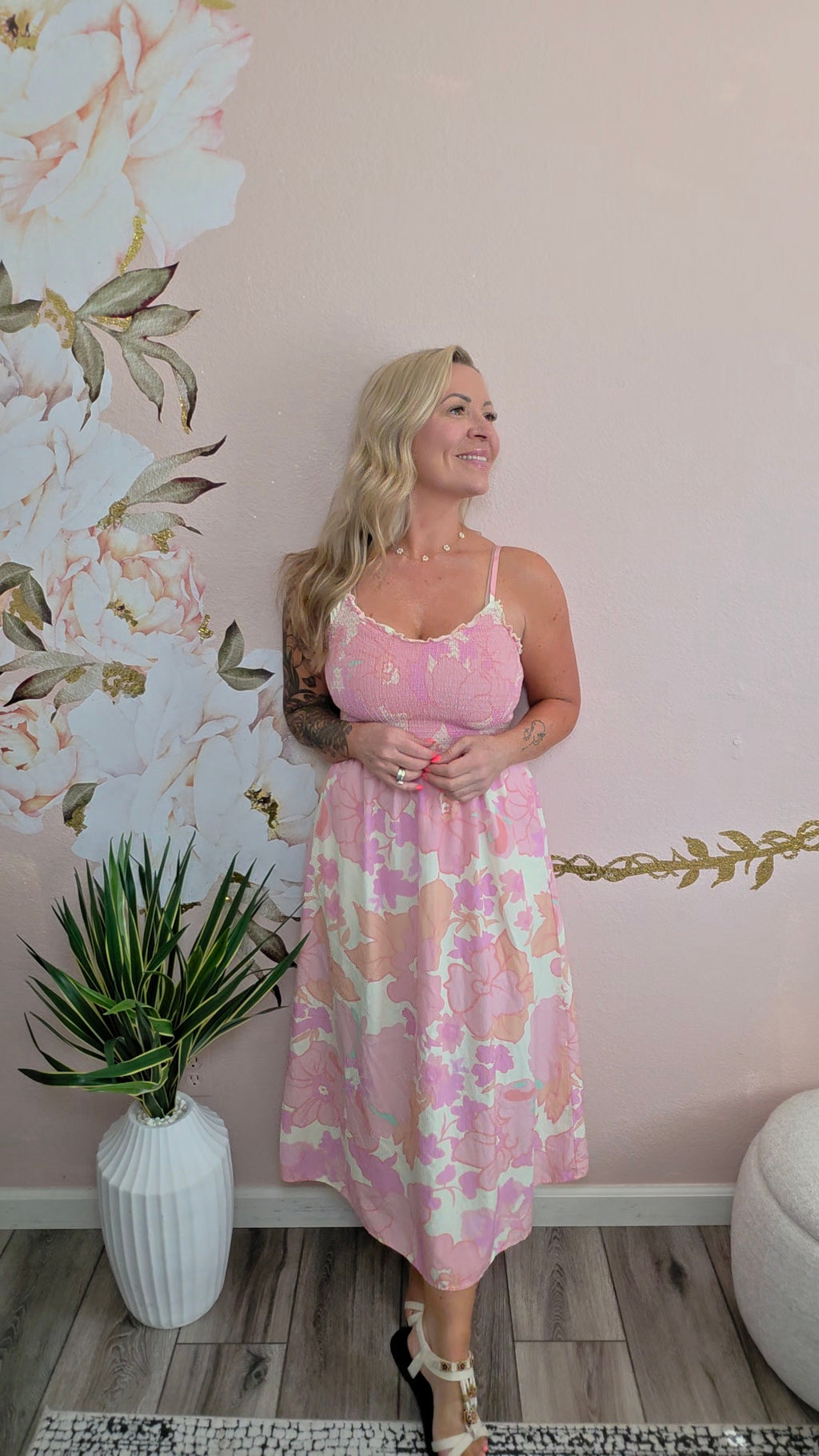 Spaghetti Straps Floral Shirred High Waist Dress