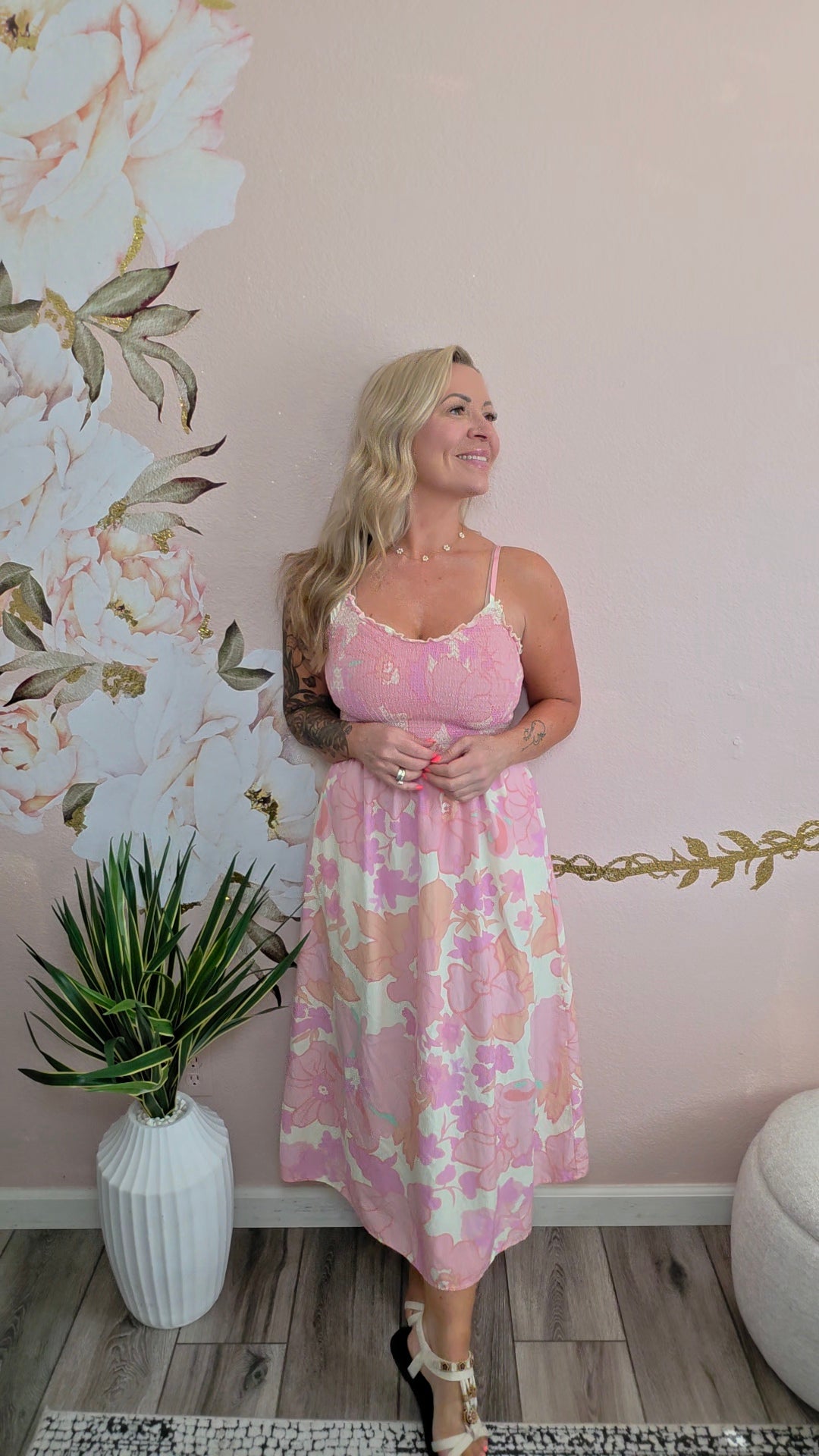 Spaghetti Straps Floral Shirred High Waist Dress