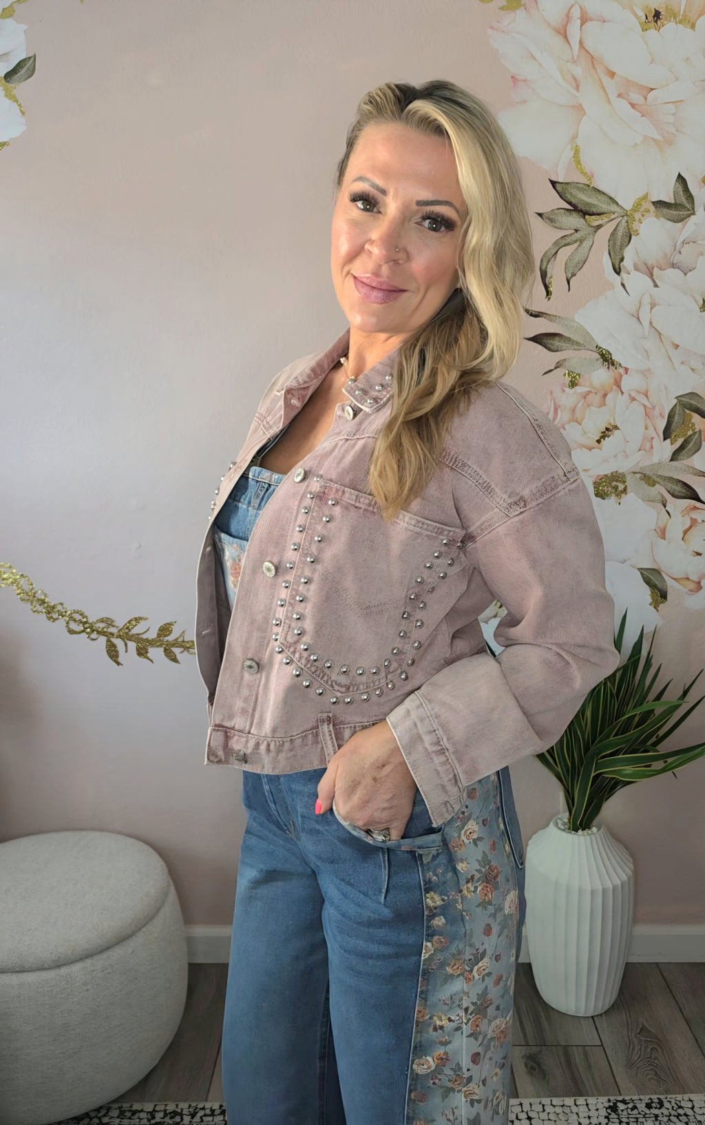 Studded Button Up Wash Denim Jacket