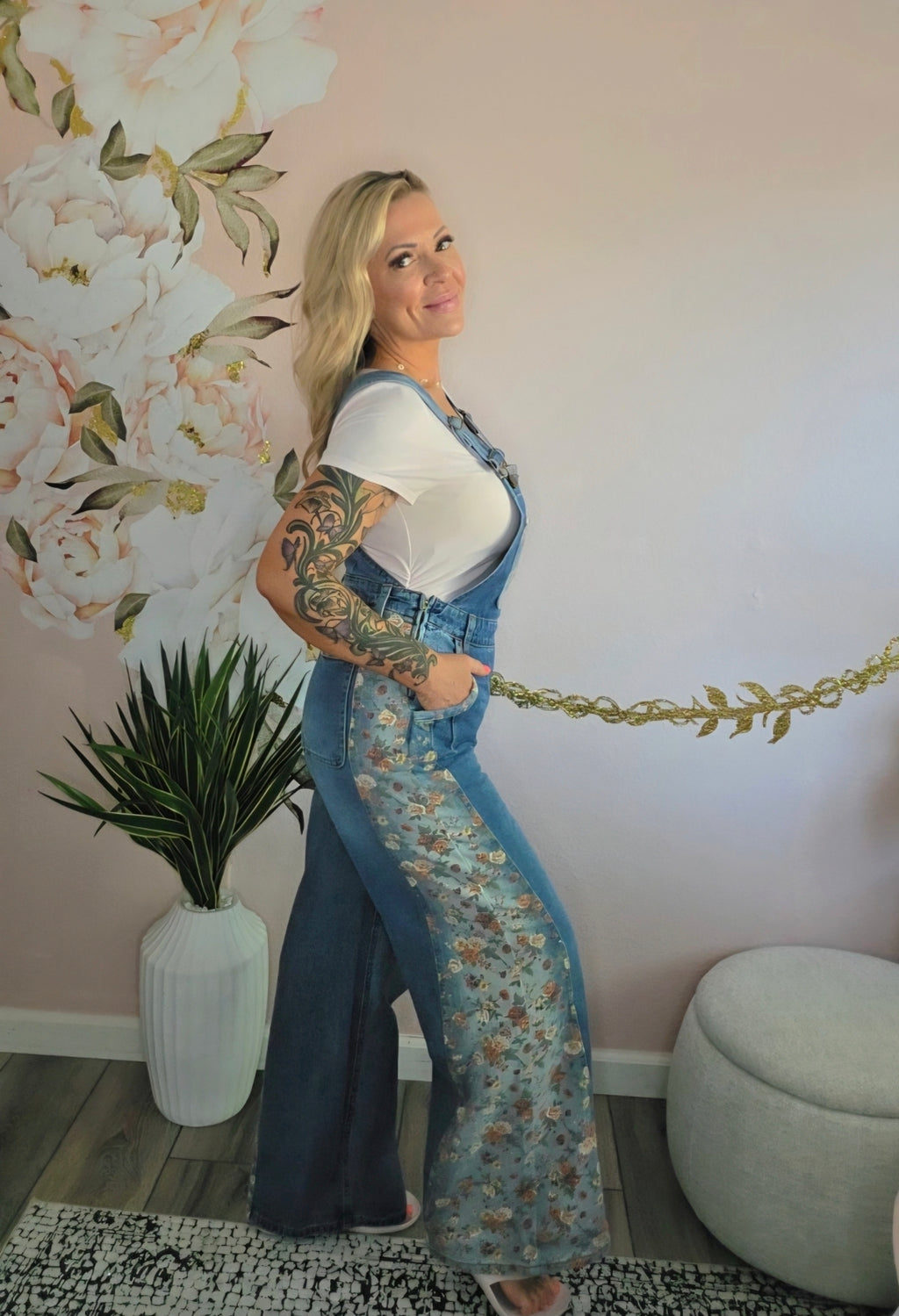 Vintage Rose Printed Pleated Loose Denim Overall