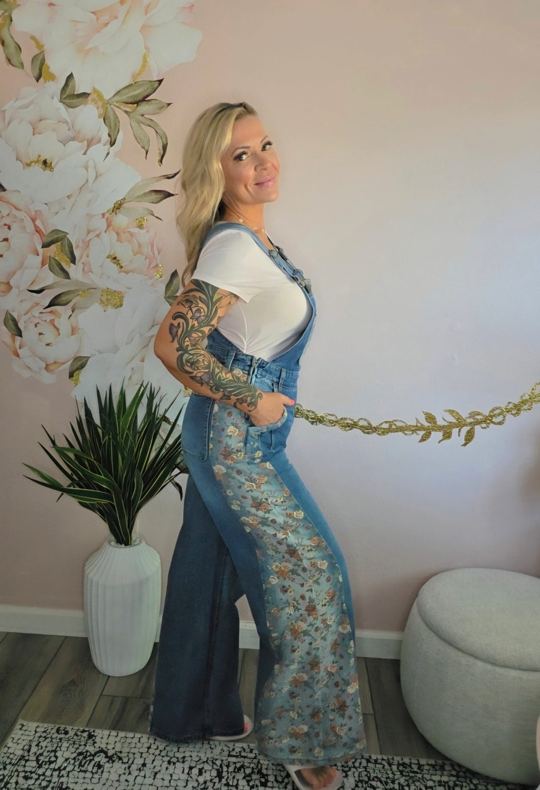 Vintage Rose Printed Pleated Loose Denim Overall