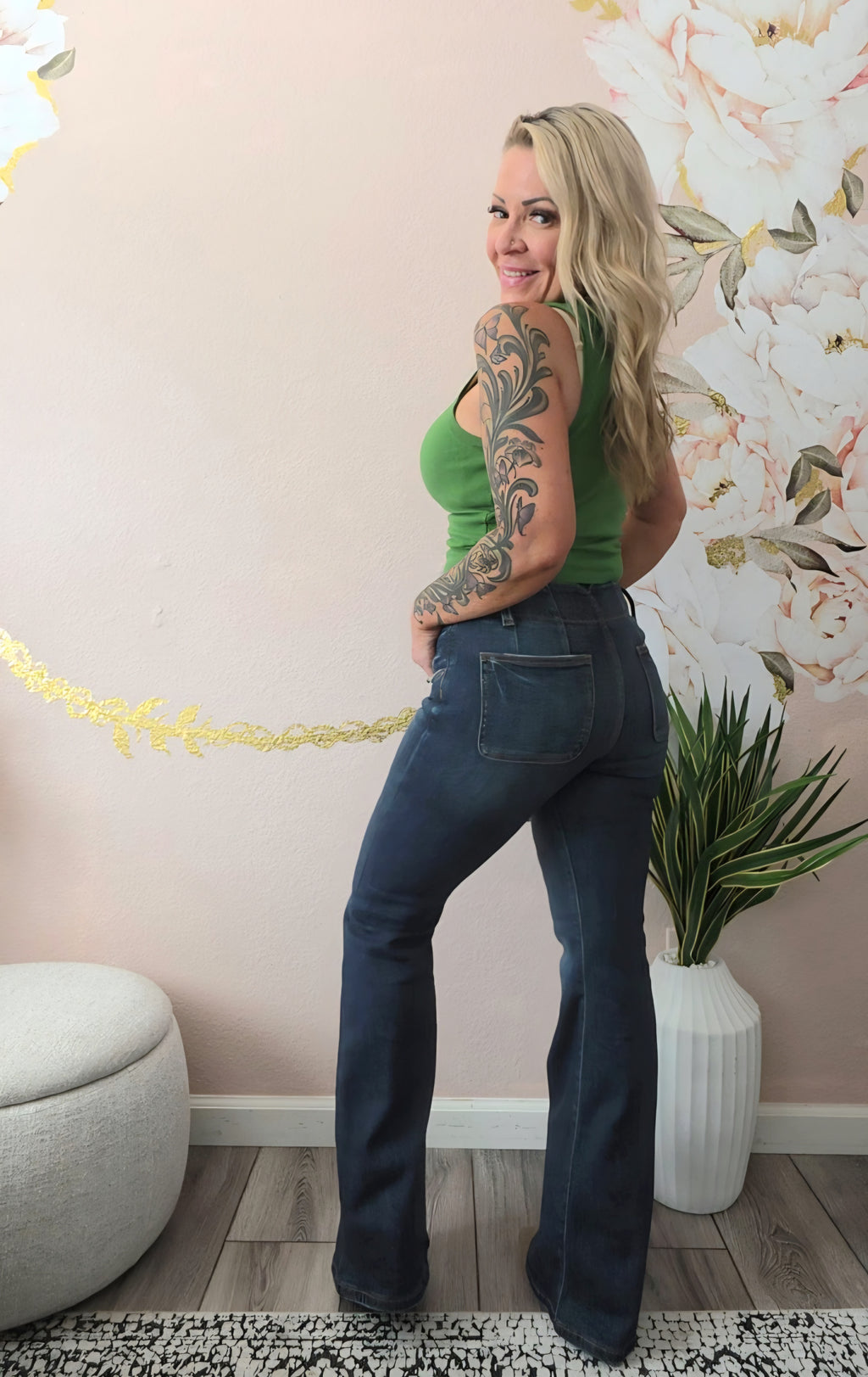 RISEN High Rise Flare Jeans With Seam Detail Waistband