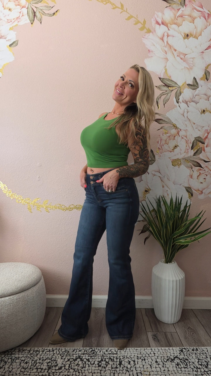 RISEN High Rise Flare Jeans With Seam Detail Waistband