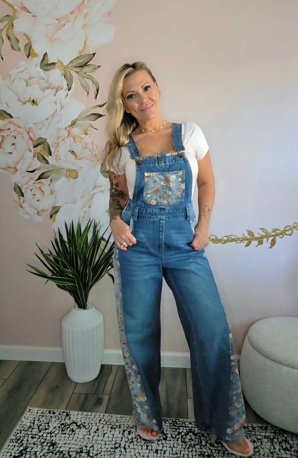 Vintage Rose Printed Pleated Loose Denim Overall